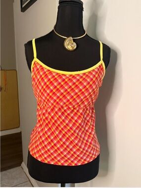 Y2K textured pink/orange Plaid yellow Spaghetti Strap Tankini
